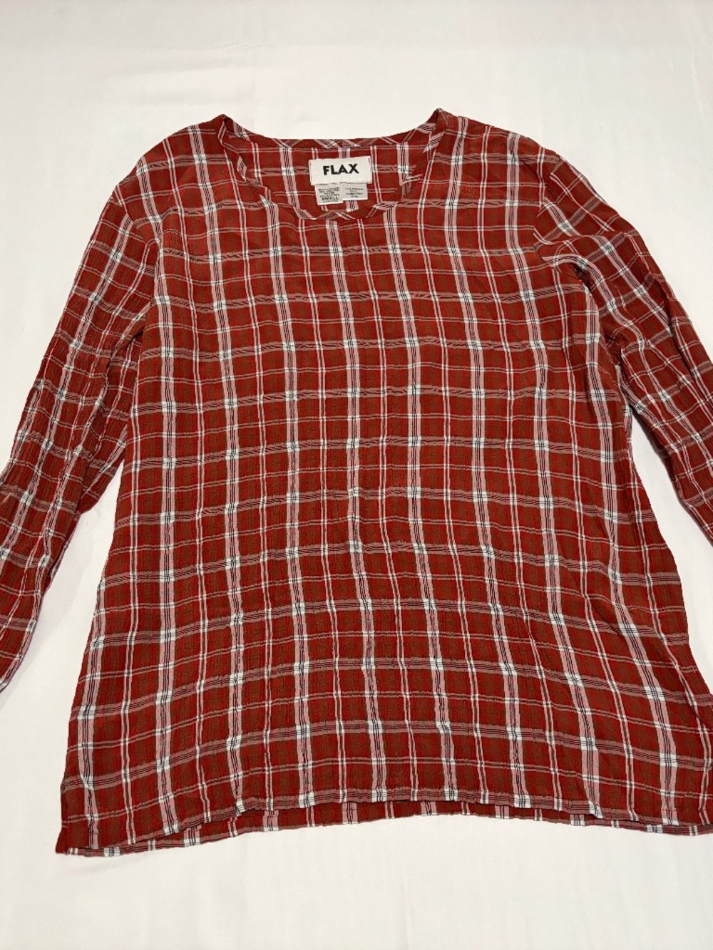 FLAX Plaid Long Sleeve Crinkle Top Rust Red White Small